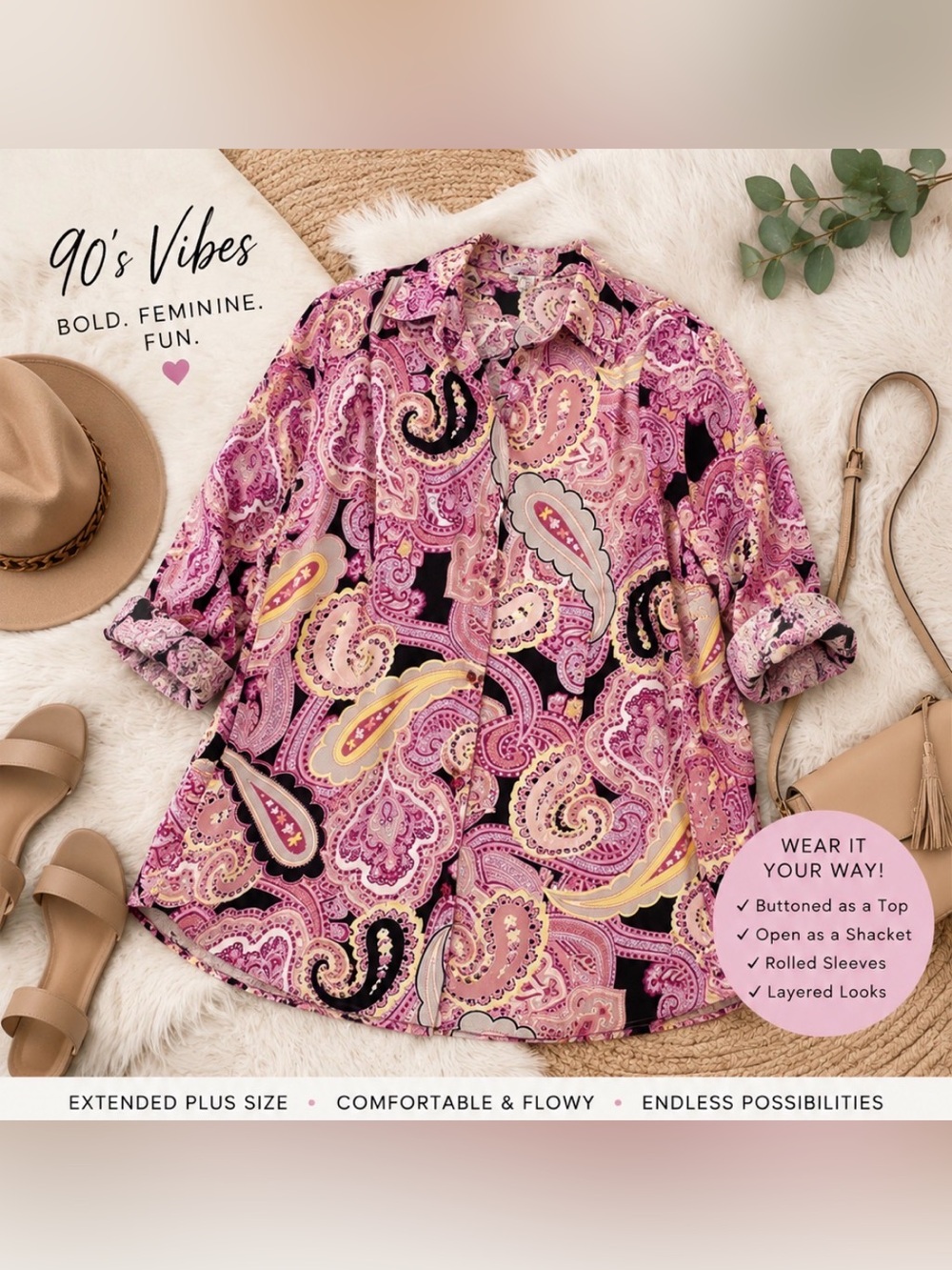 Only Necessities - Retro style- Pink Paisley pattern - Long length Blouse